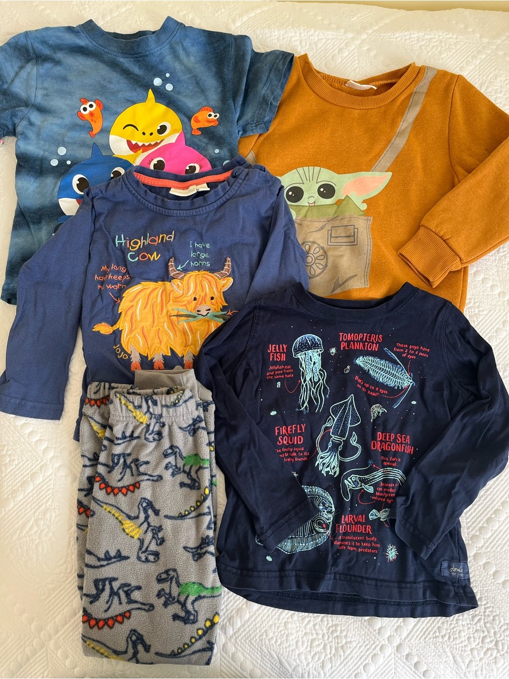Kids Long Sleeve Tops & Dino Pants Set - Navy, Blue, Mustard, Gray